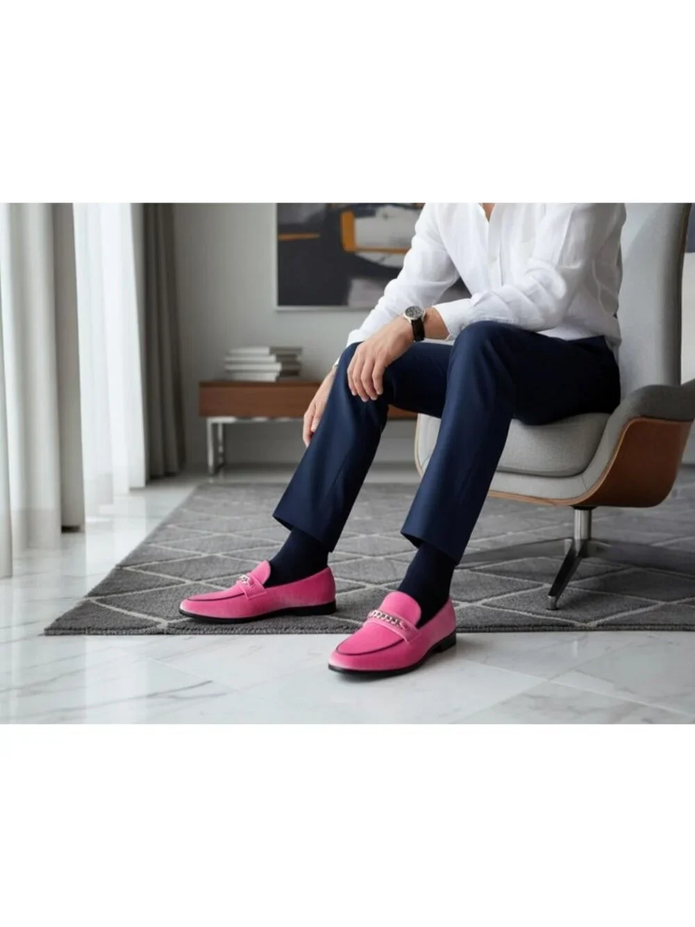 Metrocharm Men's Pink Vintage Velvet Loafers Gold Chain Buckle Slip On Shoes